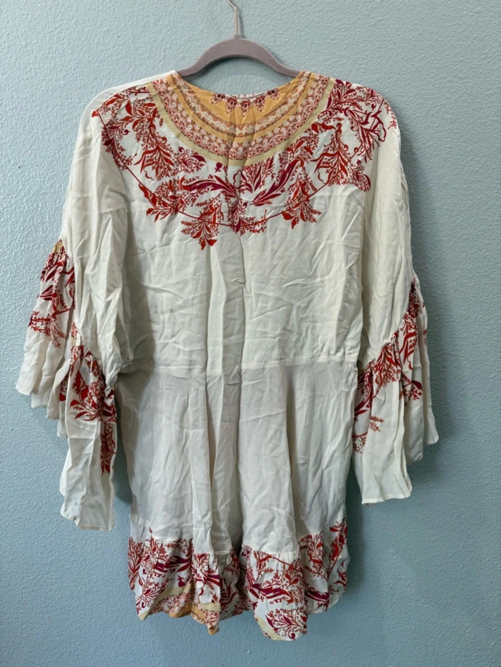Free People Bohemian Ruffle Tunic Top Small Cream Red Festival Blouse - Picture 4 of 11